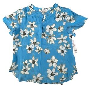 Counterparts Womens Blue Floral Split Neck Short Sleeve Blouse 823P80608HA Small